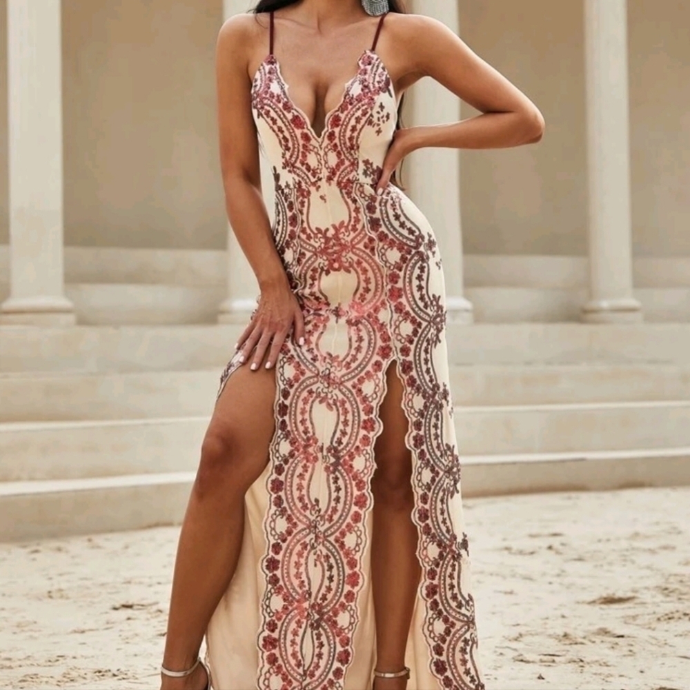 Multicolor Floral Backless Spaghetti Strap Sleeveless Maxi Gown
